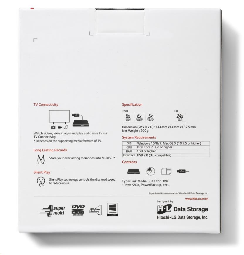 HITACHI LG - externá mechanika DVD-W/ CD-RW/ DVD±R/ ±RW/ RAM GP60NW60,  Slim,  biela,  krabica+SW0 