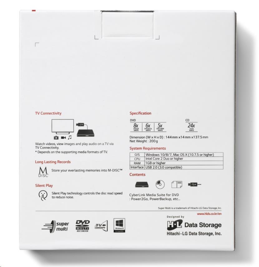 HITACHI LG - externá mechanika DVD-W/ CD-RW/ DVD±R/ ±RW/ RAM GP60NS60,  Slim,  Silver,  box+SW5 