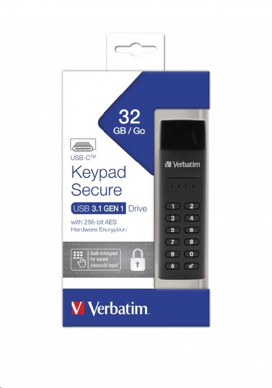VERBATIM USB C 3.1 disk 32 GB - klávesnica Secure (R:160/ W:130 MB/ s) GDPR3 