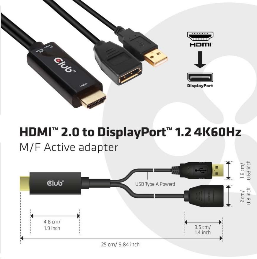 Club3D Aktívny adaptér HDMI na DisplayPort 4K60Hz,  M/ F1 