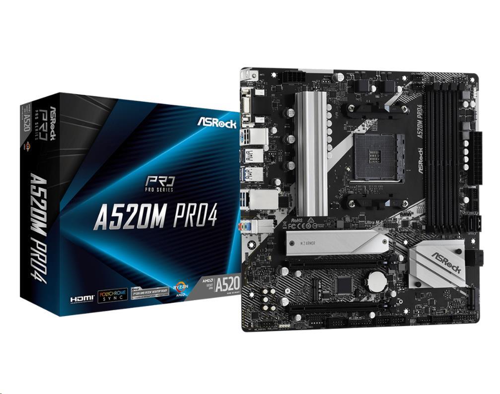 ASRock MB Sc AM4 A520M PRO4,  AMD A520,  4xDDR4,  HDMI,  DP4 