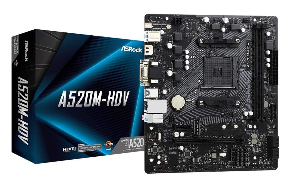 ASRock MB Sc AM4 A520M-HDV,  AMD A520M,  2xDDR4,  HDMI,  DVI4 
