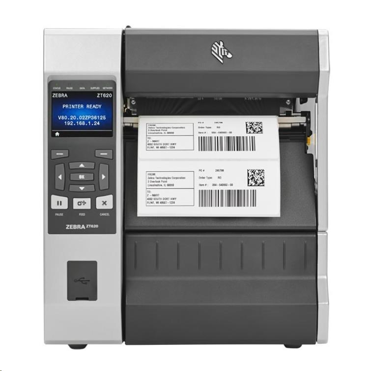 Zebra ZT620,  12 bodov/ mm (300 dpi),  navíjanie,  disp. (farebné),  RTC,  ZPL,  ZPLII,  USB,  RS-232,  BT,  Ethernet0 