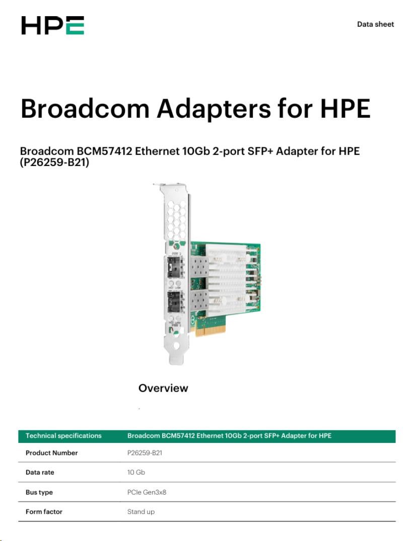 Broadcom BCM57412 Ethernet 10Gb 2-port SFP+ Adapter for HPE (P26259-B21)1 
