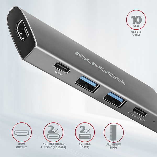 AXAGON HMC-5G2,  USB 10Gbps hub,  porty 2x USB-A,  2x USB-C,  HDMI 4k/ 60,  PD 100W,  kábel USB-C 13cm0 
