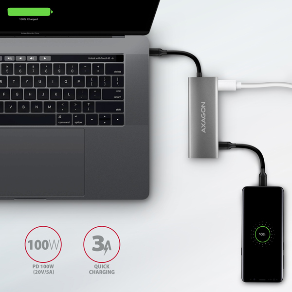 AXAGON HMC-5G2,  USB 10Gbps hub,  porty 2x USB-A,  2x USB-C,  HDMI 4k/ 60,  PD 100W,  kábel USB-C 13cm6 