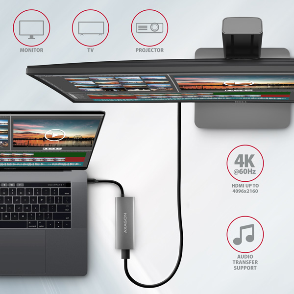 AXAGON HMC-5G2,  USB 10Gbps hub,  porty 2x USB-A,  2x USB-C,  HDMI 4k/ 60,  PD 100W,  kábel USB-C 13cm2 