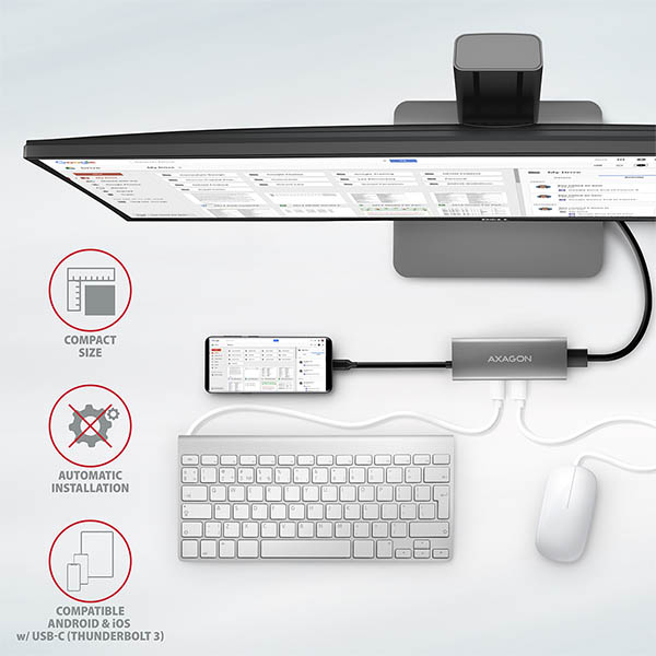 AXAGON HMC-5G2,  USB 10Gbps hub,  porty 2x USB-A,  2x USB-C,  HDMI 4k/ 60,  PD 100W,  kábel USB-C 13cm7 