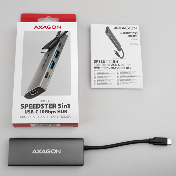 AXAGON HMC-5G2,  USB 10Gbps hub,  porty 2x USB-A,  2x USB-C,  HDMI 4k/ 60,  PD 100W,  kábel USB-C 13cm3 