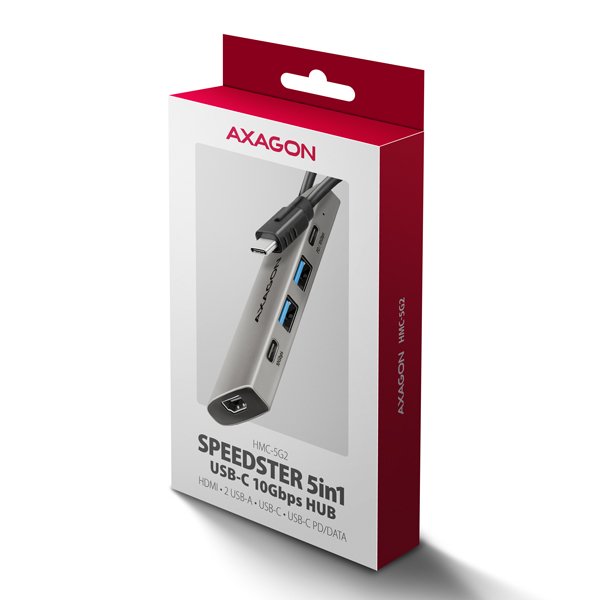 AXAGON HMC-5G2,  USB 10Gbps hub,  porty 2x USB-A,  2x USB-C,  HDMI 4k/ 60,  PD 100W,  kábel USB-C 13cm8 