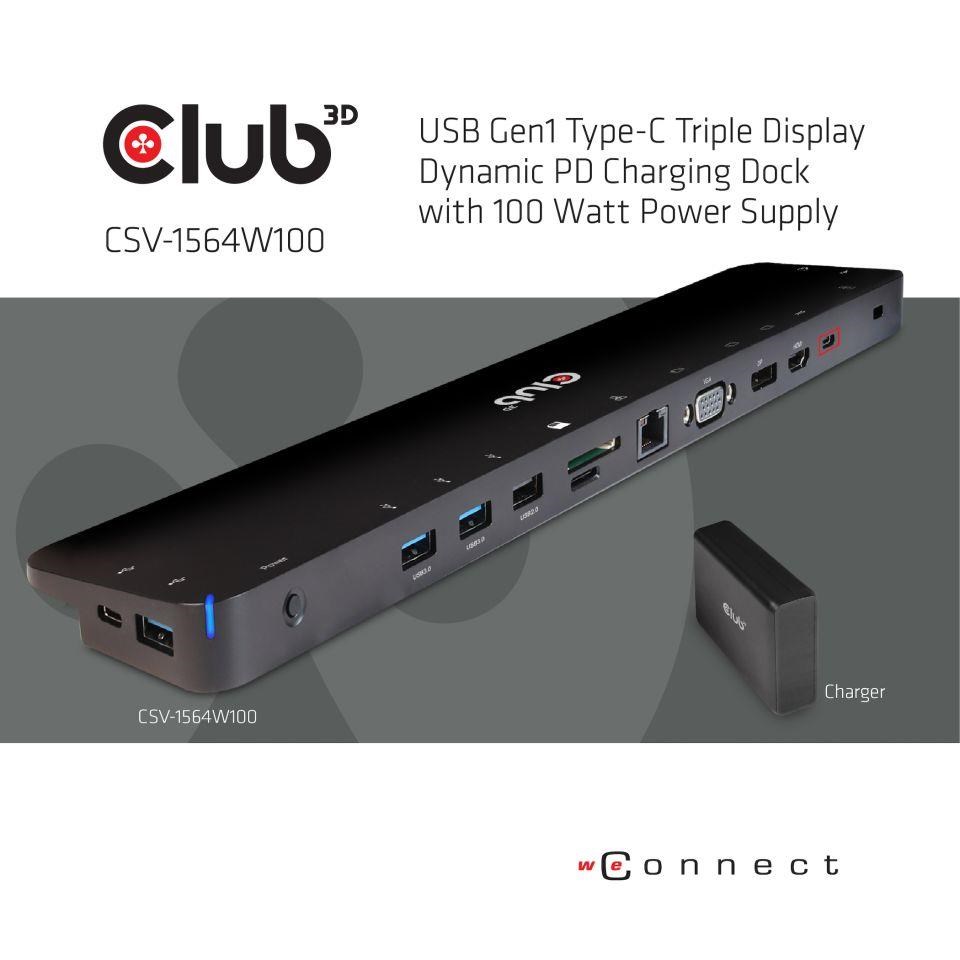 Dokovacia stanica Club3D USB-C 3.2 s napájacím adaptérom Triple Display Dynamic PD,  100 W2 