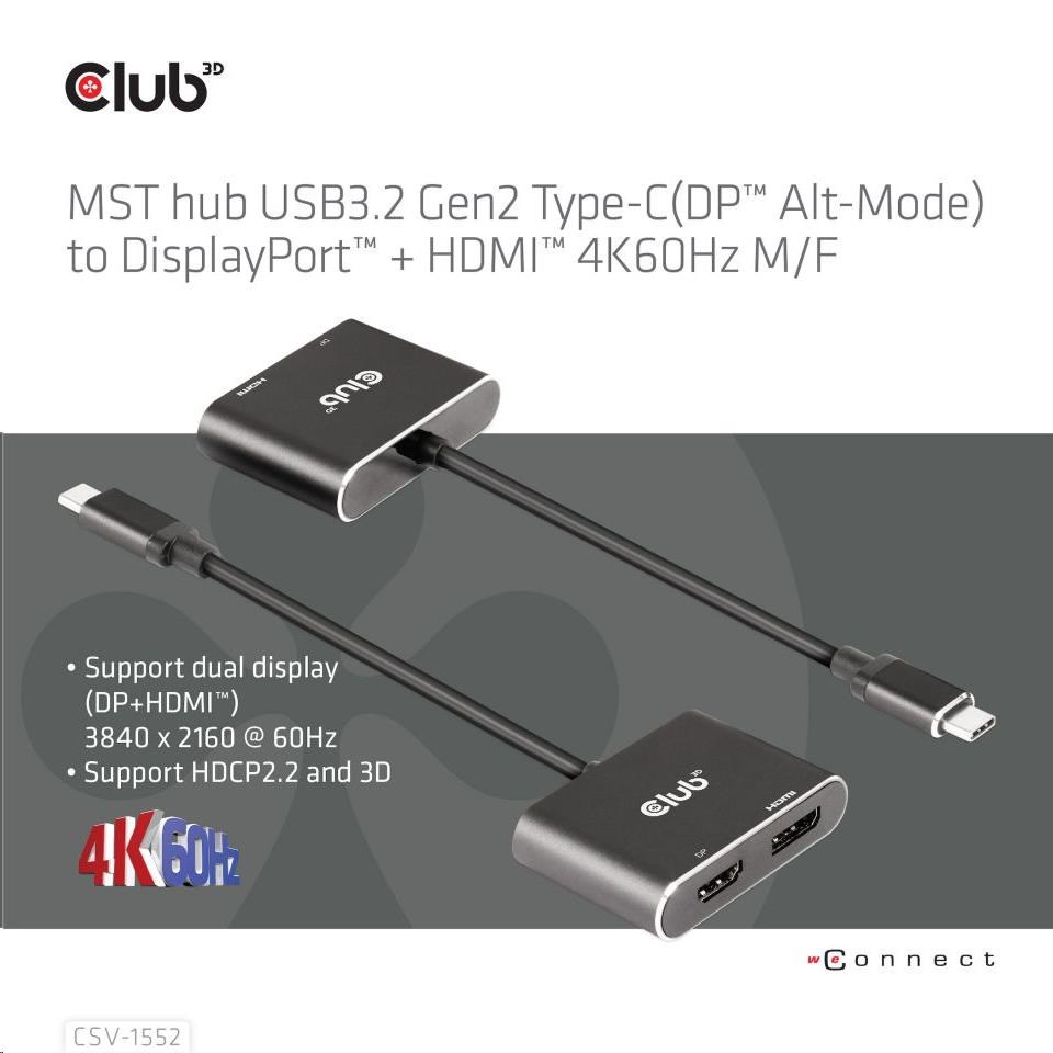 Club3D hub MST (Multi Stream Transport) USB3.2 Gen2 Type-C (DP Alt-Mode) na DisplayPort + HDMI 4K60Hz (M/ F)3 