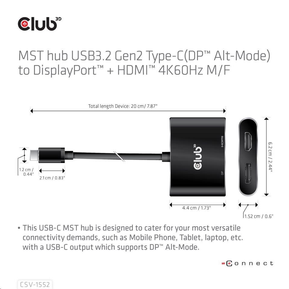 Club3D hub MST (Multi Stream Transport) USB3.2 Gen2 Type-C (DP Alt-Mode) na DisplayPort + HDMI 4K60Hz (M/ F)4 