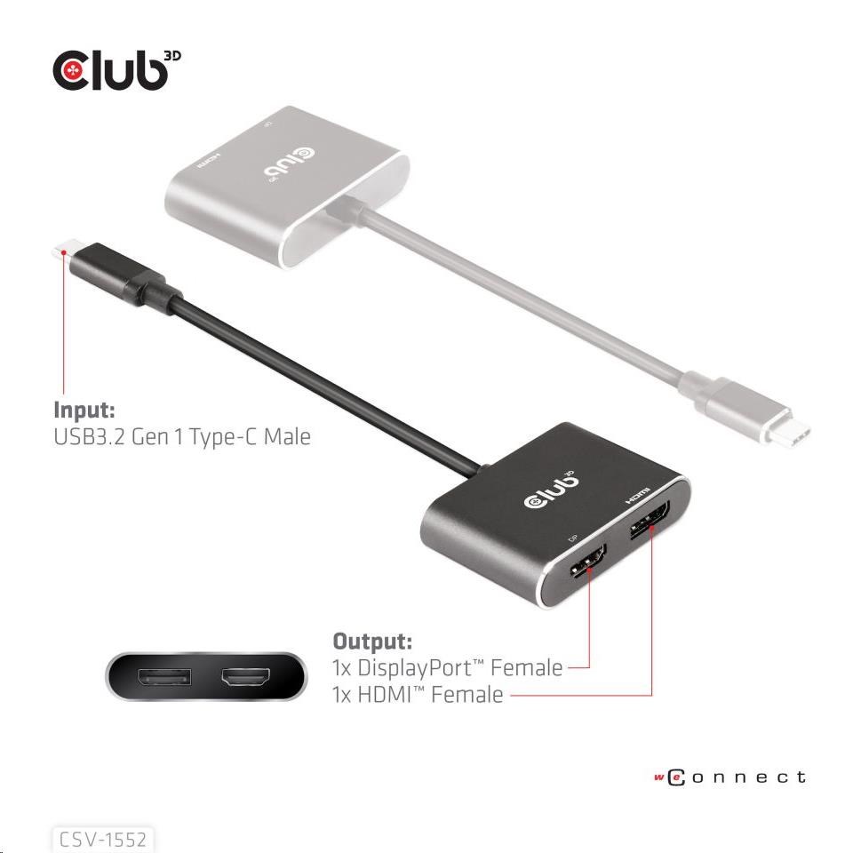 Club3D hub MST (Multi Stream Transport) USB3.2 Gen2 Type-C (DP Alt-Mode) na DisplayPort + HDMI 4K60Hz (M/ F)5 