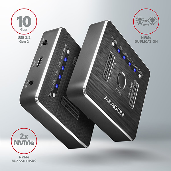 AXAGON ADSA-M2C,  USB-C 3.2 Gen 2 - 2x M.2 dokovacie stanice NVMe SSD CLONE MASTER1 