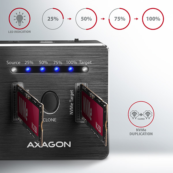AXAGON ADSA-M2C,  USB-C 3.2 Gen 2 - 2x M.2 dokovacie stanice NVMe SSD CLONE MASTER2 