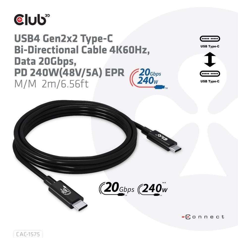 Club3D kabel USB4 Gen2x2 Typ-C,  Oboustranný USB-IF Certifikovaný data kabel,  Data 20Gbps,  PD 240W(48V/ 5A) EPR M/ M 2m1 