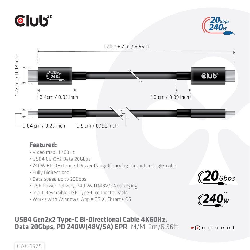 Club3D kabel USB4 Gen2x2 Typ-C,  Oboustranný USB-IF Certifikovaný data kabel,  Data 20Gbps,  PD 240W(48V/ 5A) EPR M/ M 2m2 