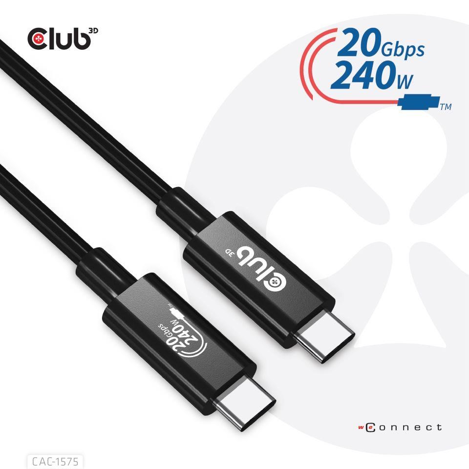 Club3D kabel USB4 Gen2x2 Typ-C,  Oboustranný USB-IF Certifikovaný data kabel,  Data 20Gbps,  PD 240W(48V/ 5A) EPR M/ M 2m3 
