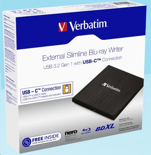 VERBATIM externí mechanika Slimline Blu-ray Writer (USB-C,  USB 3.0)  Zdarma BR Disc 25GB (CD DVD BD + NERO4 