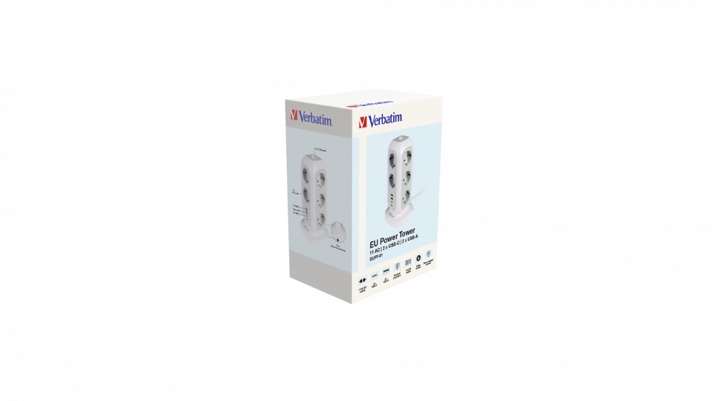 VERBATIM EU Power Tower EUPT-01 Nabíjecí stanice , 11x 230V,  2x USB-C,  2x USB-A5 