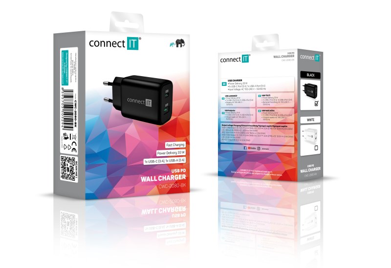 CONNECT IT Wanderer2 GaN nabíjecí adaptér 1×USB-C + 1xUSB-A,  33W PD,  černá3 