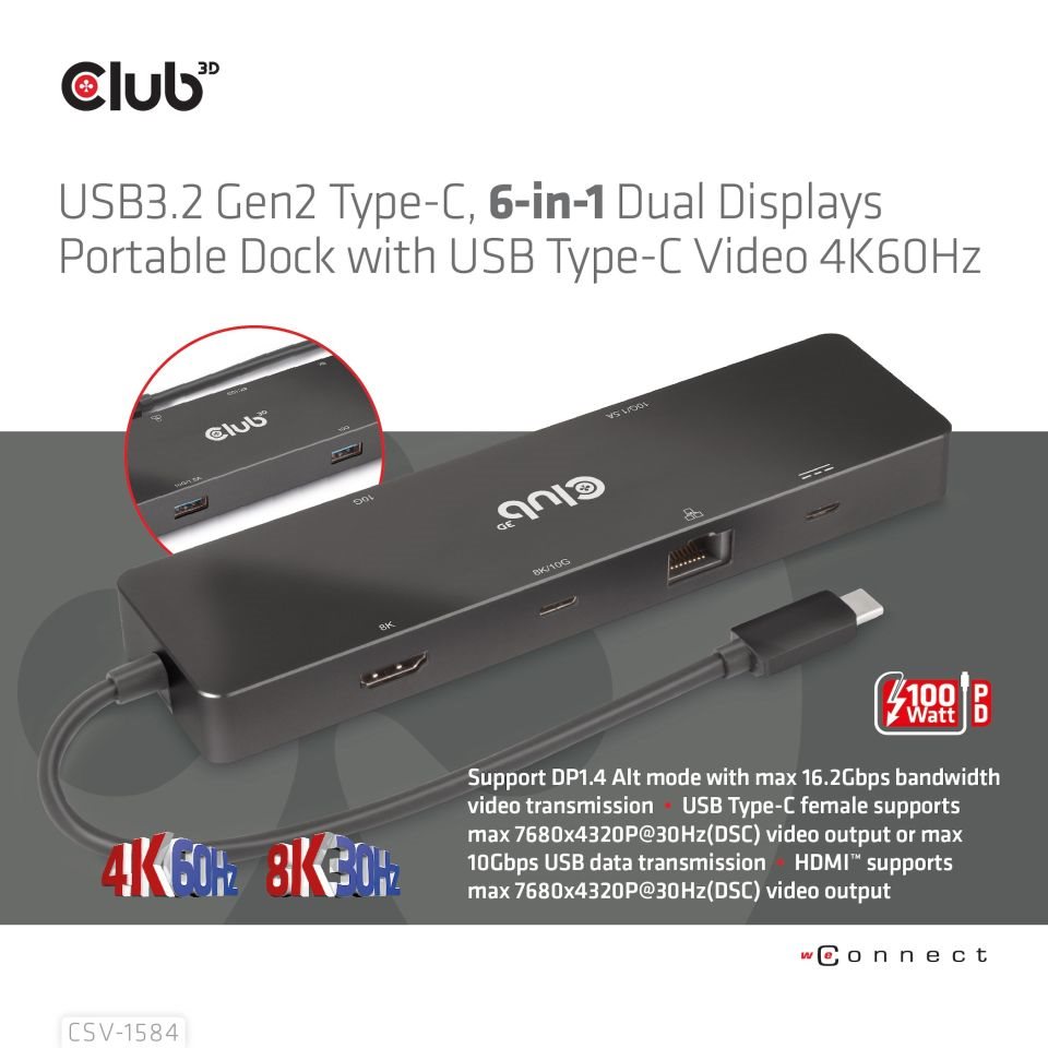 Club 3D Dokovací stanice USB-C 6v1,  1xHDMI,  1xUSB-C PD 100W,  2x USB,  1xRJ45,  černá1 