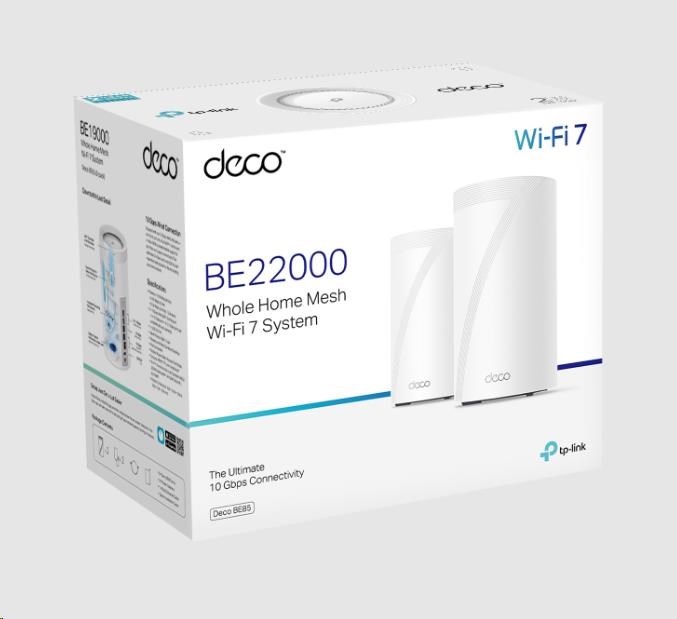 TP-Link Deco BE85(1-pack) WiFi7 Mesh(BE22000, 2, 4GHz/ 5GHz/ 6GHz, 1x10GbELAN/ WAN, 1xSFP+/ 10GbELANcombo, 2x2, 5GbELAN/ WAN, 1xUSB)3 