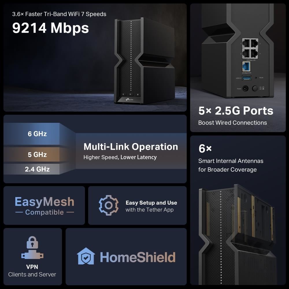 TP-Link Archer BE550 OneMesh/ EasyMesh WiFi7 router(BE9300, 2, 4GHz/ 5GHz/ 6GHz, 1x2, 5GbEWAN, 4x2, 5GbELAN, 1xUSB3.0)4 