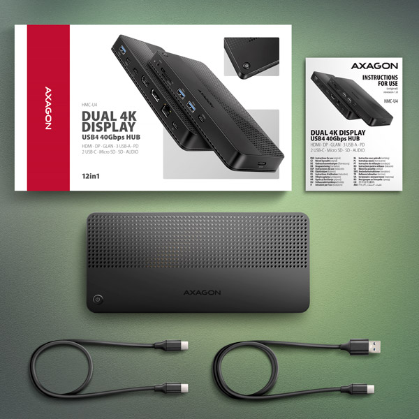 AXAGON HMC-U4,  USB4 40Gbps dock,  3x USB-A,  2x USB-C,  HDMI a DP 8K/ 30Hz,  RJ-45,  SD/ mSD,  audio,  PD 100W,  kábel USB-C 80cm10 