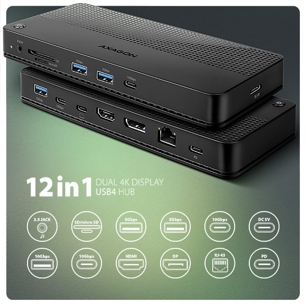 AXAGON HMC-U4,  USB4 40Gbps dock,  3x USB-A,  2x USB-C,  HDMI a DP 8K/ 30Hz,  RJ-45,  SD/ mSD,  audio,  PD 100W,  kábel USB-C 80cm1 
