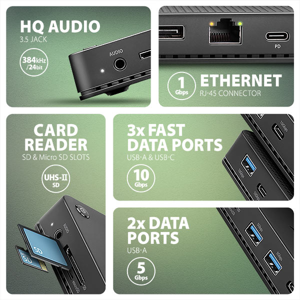 AXAGON HMC-U4,  USB4 40Gbps dock,  3x USB-A,  2x USB-C,  HDMI a DP 8K/ 30Hz,  RJ-45,  SD/ mSD,  audio,  PD 100W,  kábel USB-C 80cm4 