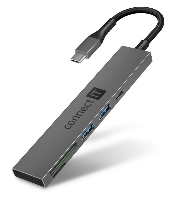 CONNECT IT USB-C hub,  2x USB-A,  1x USB-C,  1x SD karta,  1x MicroSD karta,  šedá0 