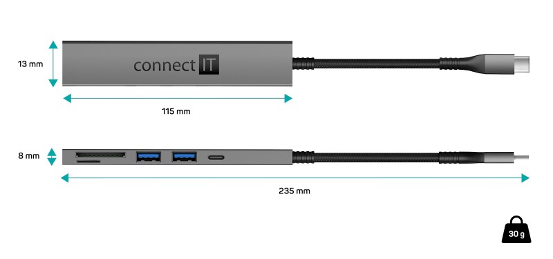CONNECT IT USB-C hub,  2x USB-A,  1x USB-C,  1x SD karta,  1x MicroSD karta,  šedá2 