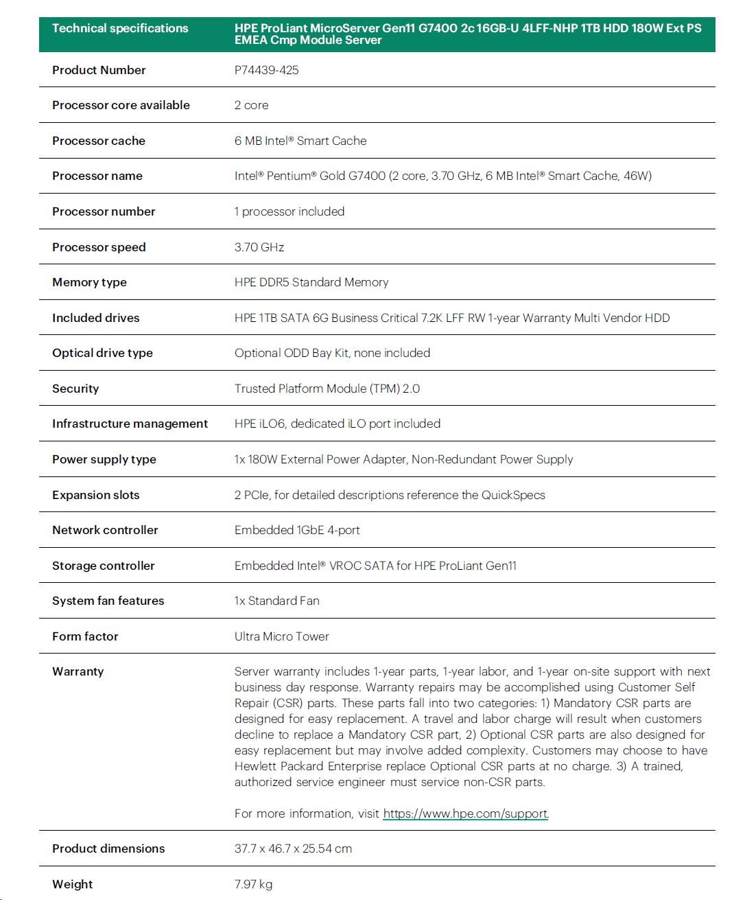 HPE PL MicroServer Gen11 G7400 (3.7/ 2C4T/ 46W) 16G VROC 4LFF-NHP 1TB HDD 4p1G NBD111 iLo port (P65741-B21) Smart Choice2 