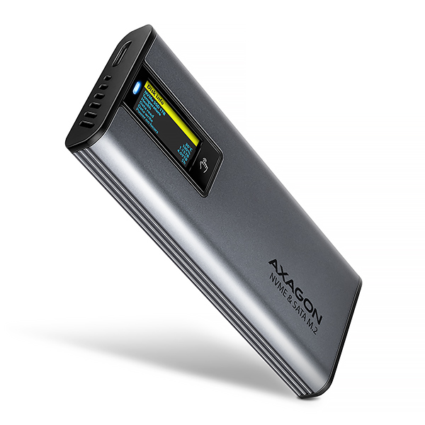 AXAGON EEM2-SD2, USB-C 10Gbps externý box s displejom pre M.2 NVMe/ SATA SSD, bezskrutkový, strieborný