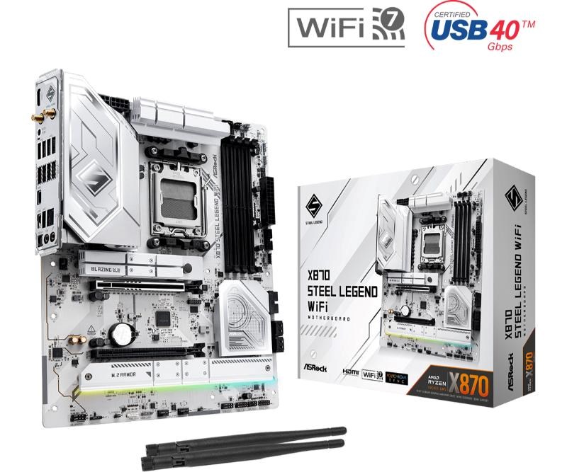 ASRock MB Sc AM5 X870 STEEL LEGEND WIFI,  AMD X870,  4xDDR5,  1xHDMI,  2xUSB4,  WI-FI3 