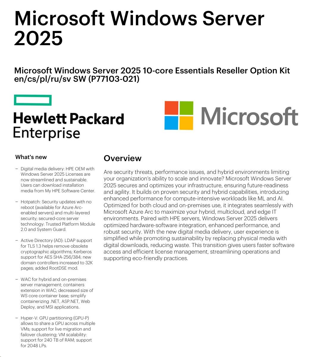 HPE Windows Server 2025 10-core Essentials Reseller Option Kit CZ (25/ 50user/ dev en/ ru/ po) OEM0 