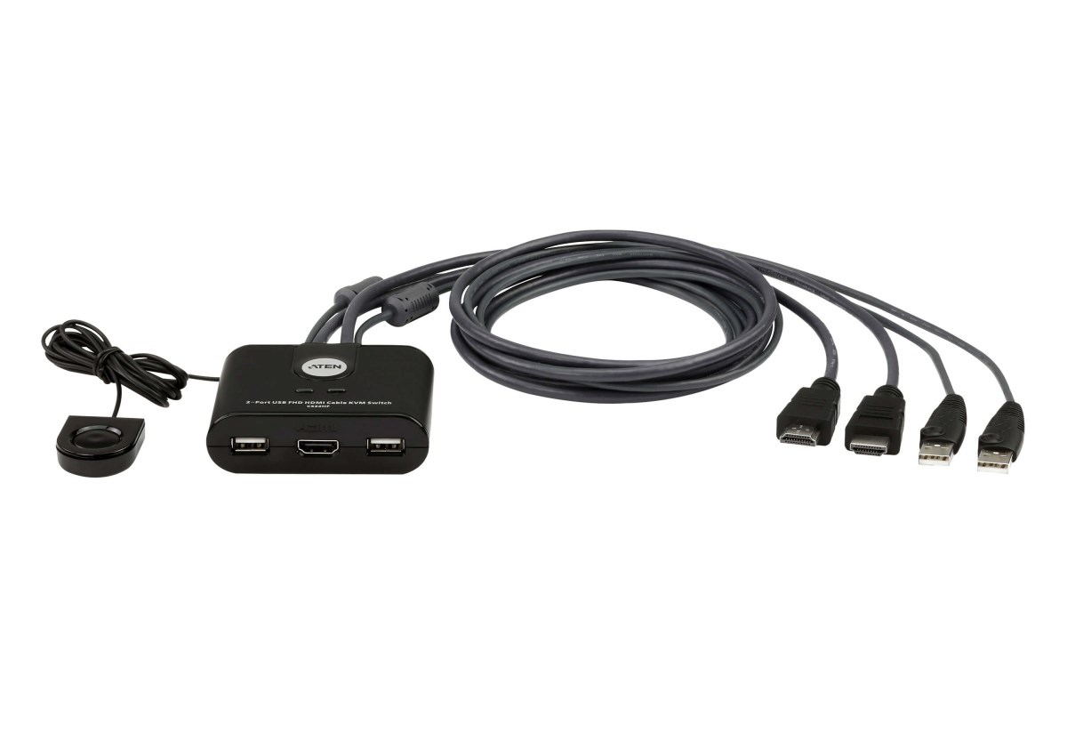 ATEN 2-port mini HDMI KVM USB,  integrované kabely,  tlačítko pro přepínání4 