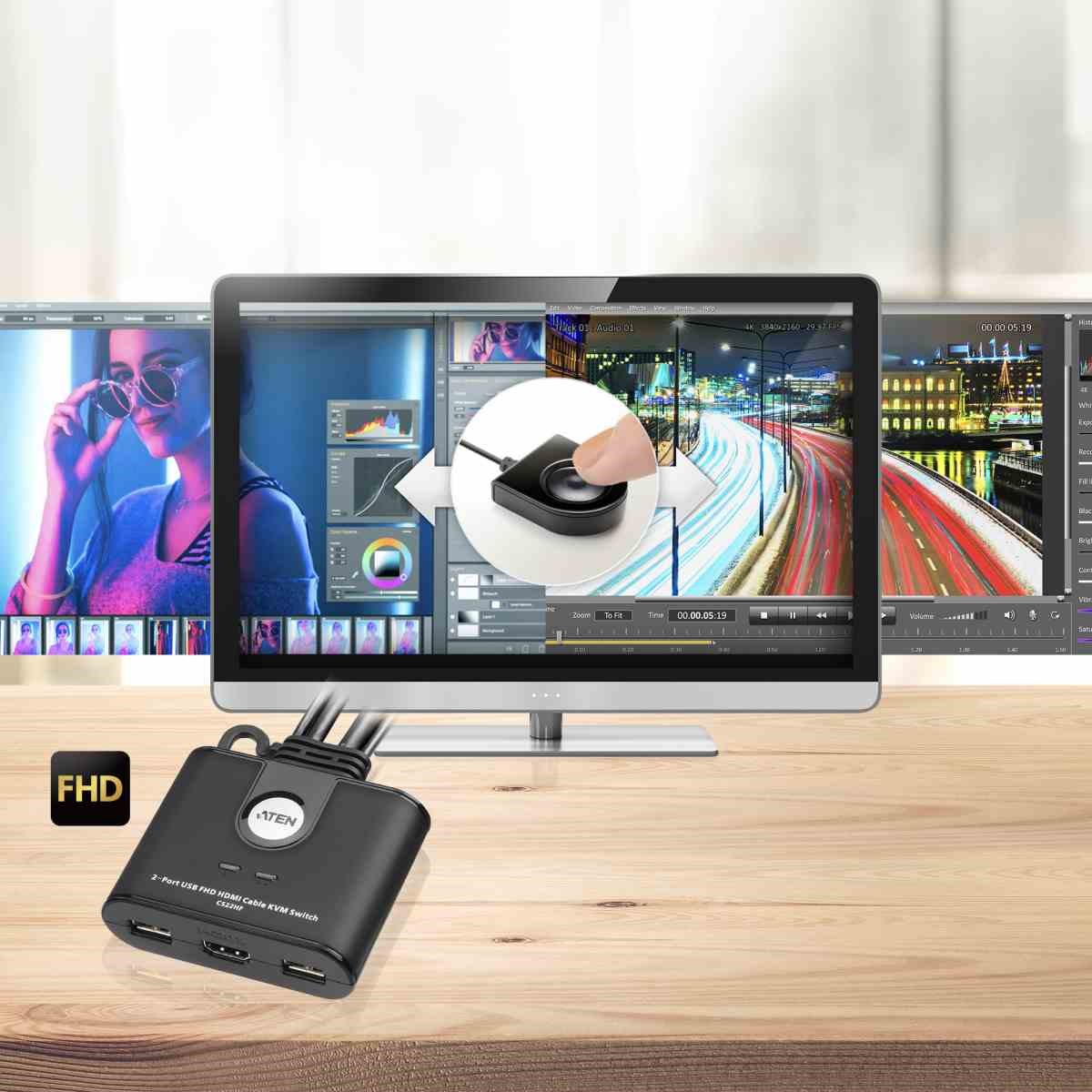 ATEN 2-port mini HDMI KVM USB,  integrované kabely,  tlačítko pro přepínání2 