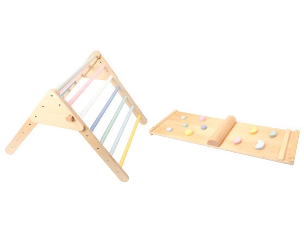 Dřevěný Piklerové trojúhelník set s montessori prknem - pastelový0 