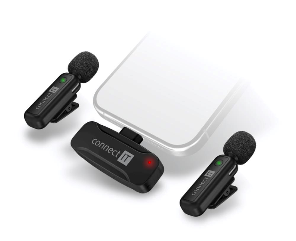 CONNECT IT Mikrofon ClipMic,  2x Bezdrátový Lavalier mikrofón s přijímačem,  Lightning konektor,  černá1 