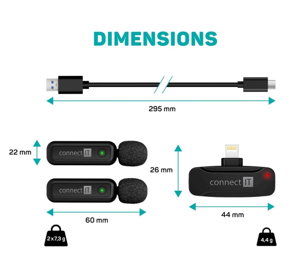 CONNECT IT Mikrofon ClipMic,  2x Bezdrátový Lavalier mikrofón s přijímačem,  Lightning konektor,  černá0 