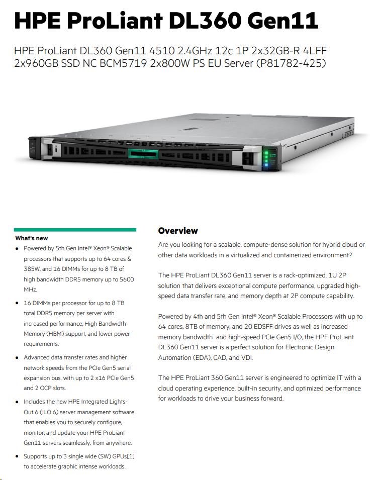 HPE PL DL360g11 4510 (2.4G/ 12C) (p64706) 2x32G 2x960G VROC 4LFF LPC 2x800W 4x1G Smart Choice5 