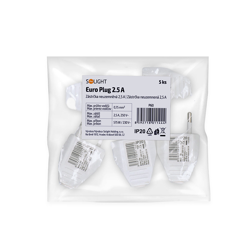 Solight zástrčka plochá 2.5A,  přímá,  IP20,  bílá3 
