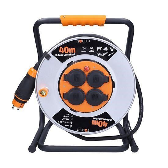 Solight prodlužovací přívod - na kovovém bubnu,  4 zásuvky,  40m kabel guma-neopren,  3x 2, 5mm2,  IP445 