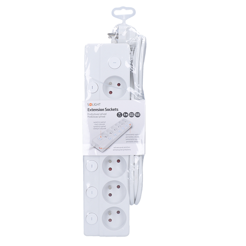 Solight 6z prodlužovací přívod,  3m,  3 x 1mm2,  bílý,  6+1 vypínač5 