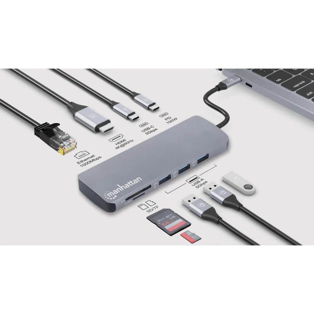 MANHATTAN Dokovací stanice USB-C 9v1,  1xHDMI,  2xUSB-C,  3xUSB,  1xRJ45,  čtečka SD karet,  šedá4 