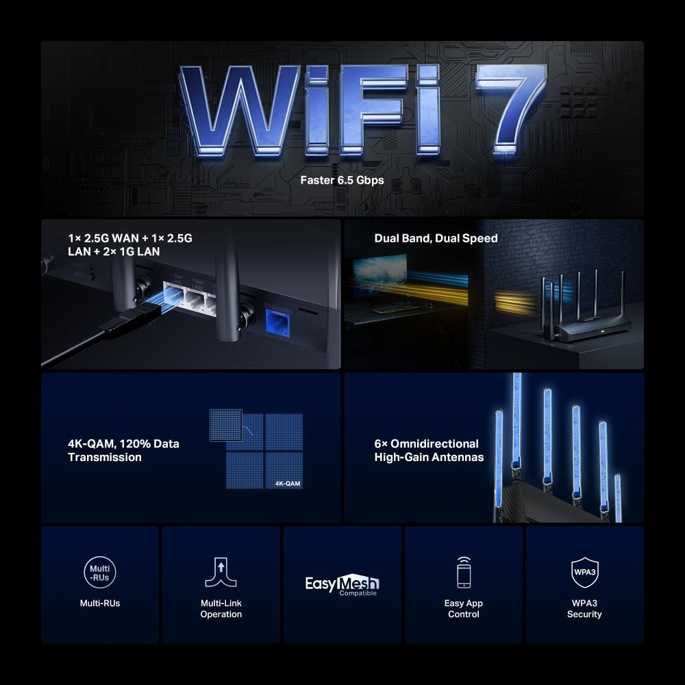 MERCUSYS MR37BE EasyMesh WiFi7 router (BE6500,  2, 4GHz/ 5GHz, 1x2, 5GbEWAN, 1x2, 5GbELAN, 2xGbE)1 