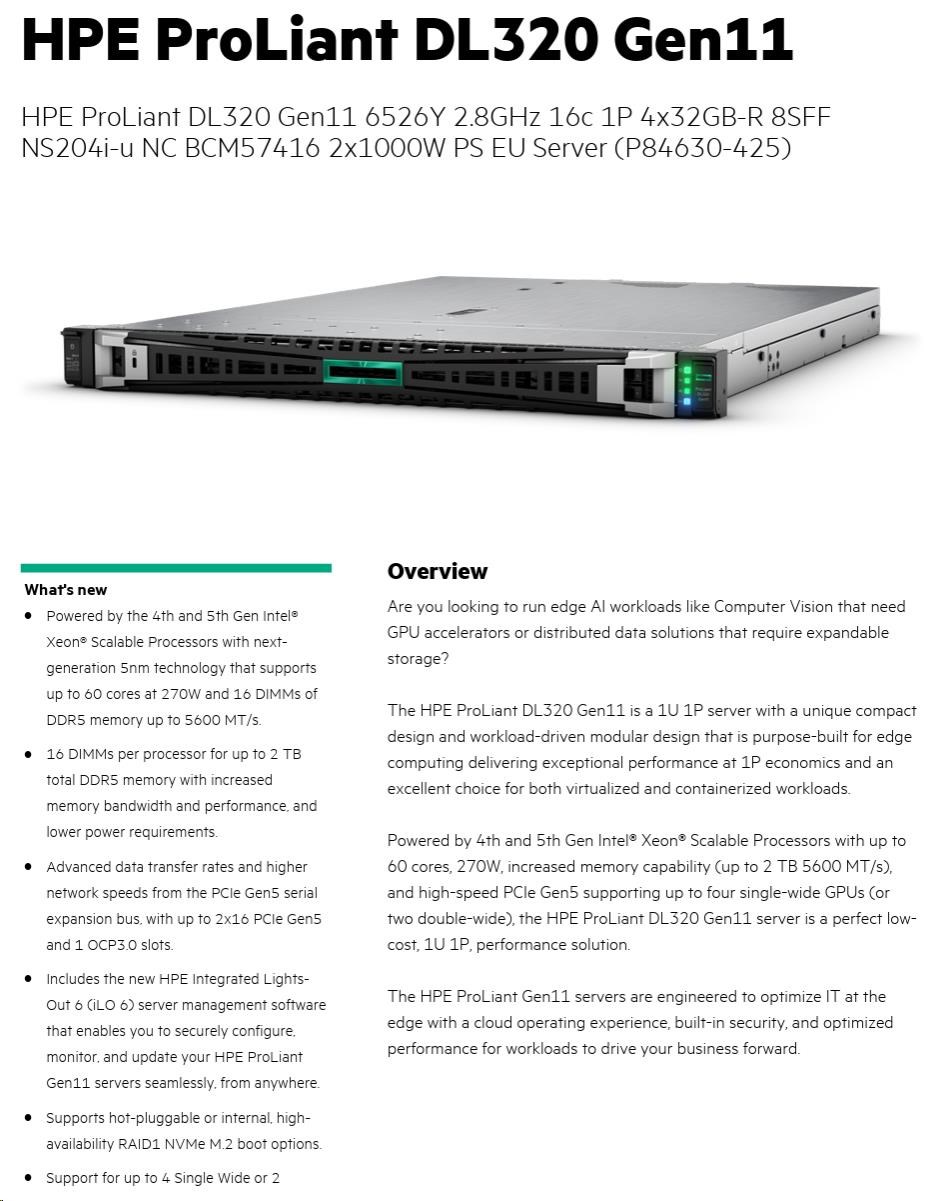 HPE DL320 G11 6526Y, 128GB, NS204i